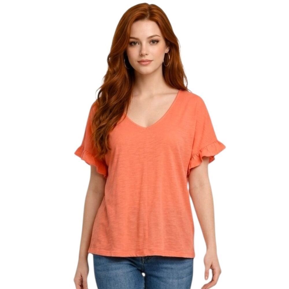 St John's Bay Orange V-neck Drop Sleeve Ruffle Detail Cotton Blouse Size XL